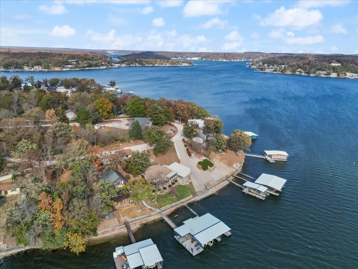 This image captures a tranquil view of the lake, with several docks extending into the water, surrounded by lush trees and neighboring homes. People can be seen engaging in boating and fishing activities, while others relax by the water, highlighting the lively yet peaceful lakefront atmosphere.
